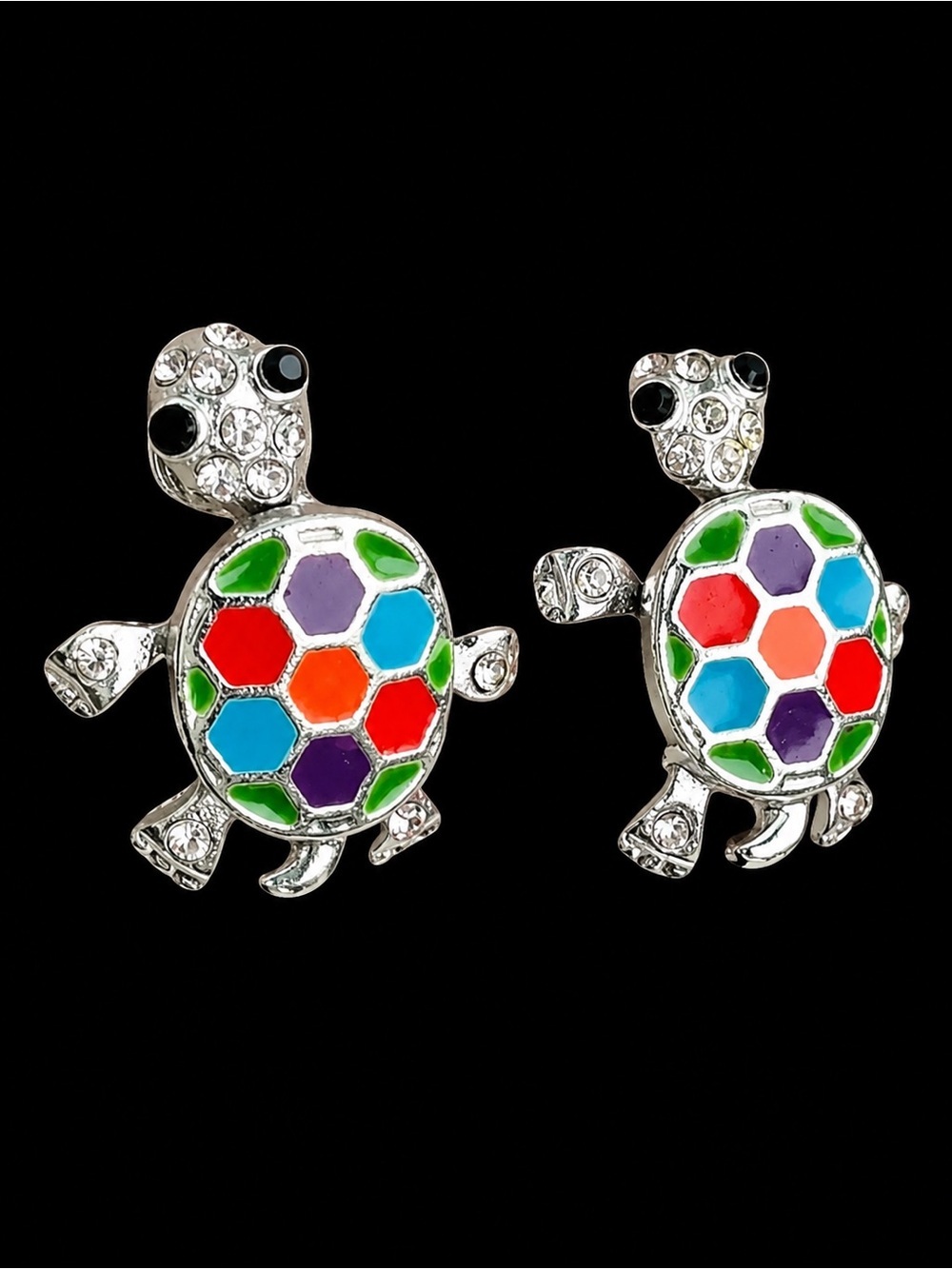 Super cute silvertone colored enamel, bling movable turtle pierced earrings
